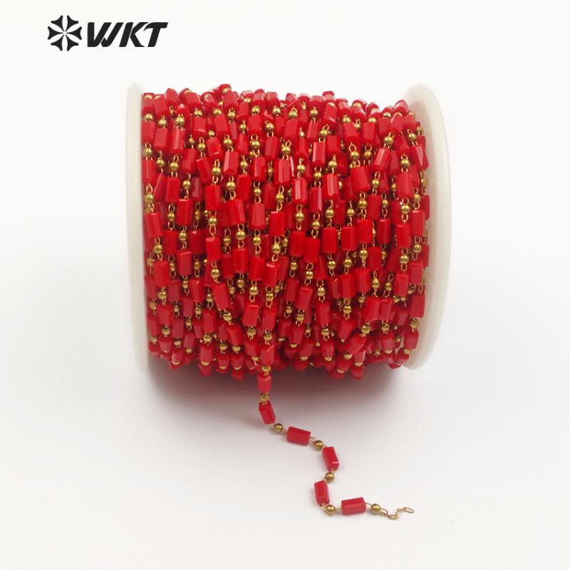 

WT-RBC074 Coral Color Crystal Beads Chain Wire Wrapped Without Gold Metal Plated Handmade Rosary Beads Chain For Women DIY Jewel