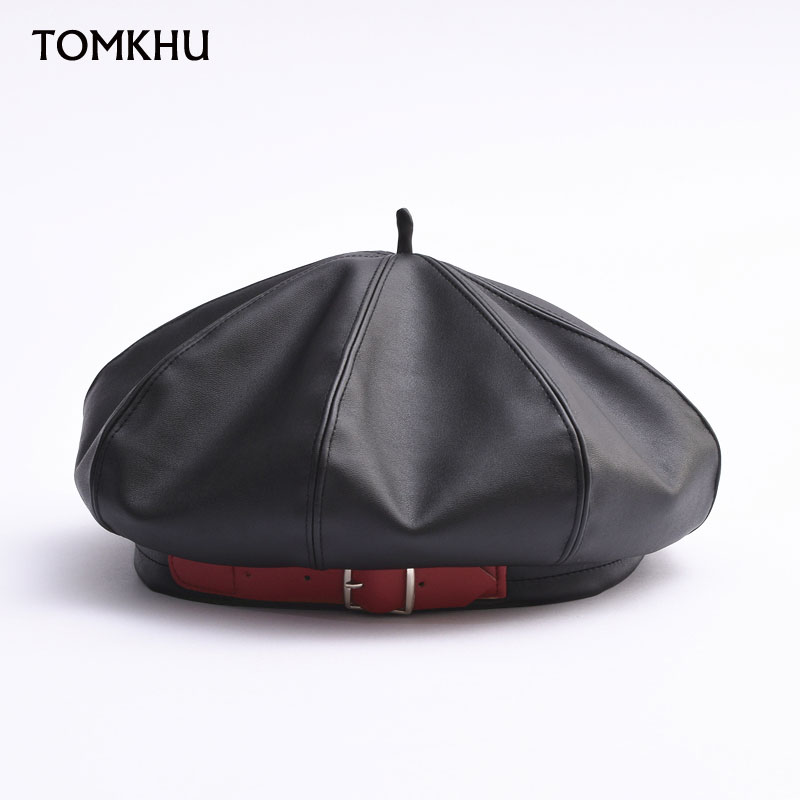 

Women Beret For Female Autumn Winter Fashion British Hat Black Red PU Leather Octagonal Hat Skullies Beanies Newsboy Painter Cap