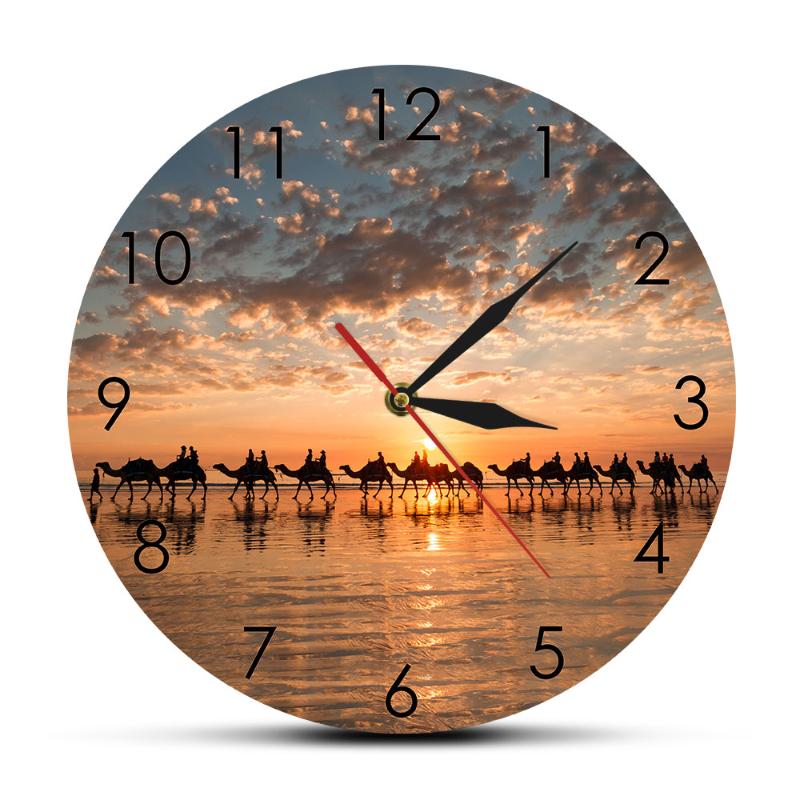 

Camels Train on Cable Beach Wall Clock Australia Broome Sunset Camel Ride Scene Art Home Decor Silent Movement Clock Wall Watch