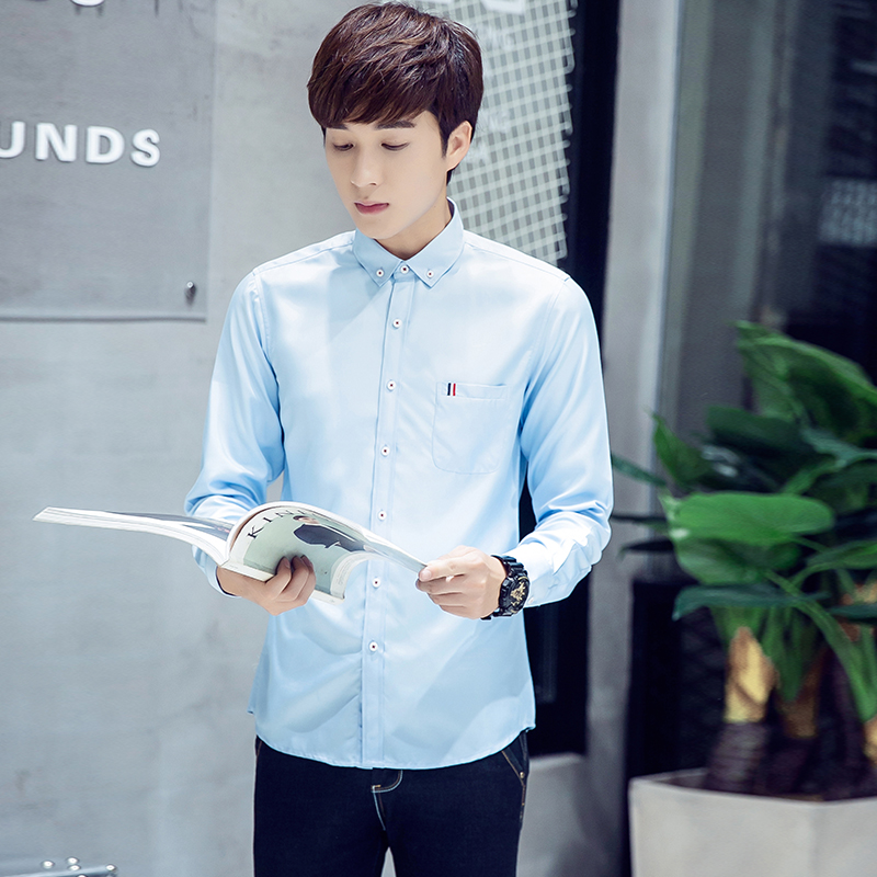 

Autumn Korean British men's trend versatile Long Sleeve Shirt Men's business casual handsome slim fit iron free shirt, White