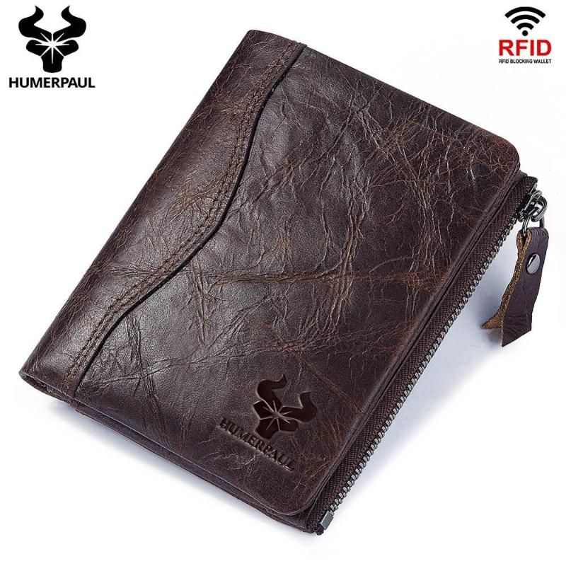 

Blocking Wallet Top Layer Cowhide Unisex Purse Male Cards Holder Female Zipper Coin Wallet High Quality Short, Blue
