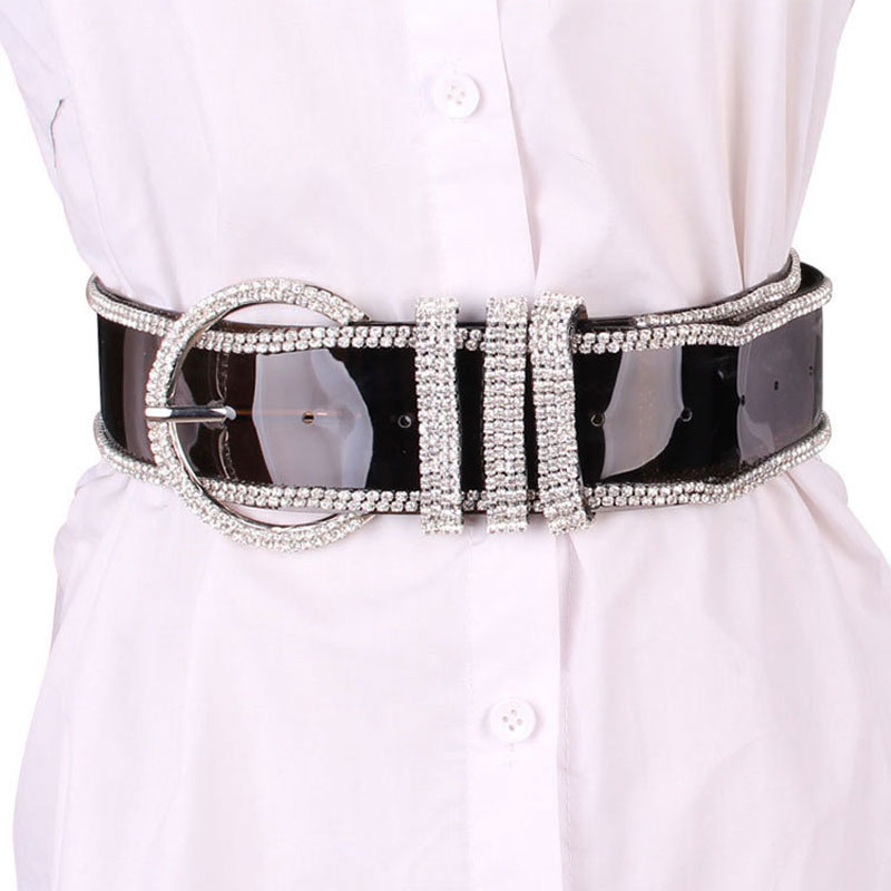 

lady luxury Shinny diamond transparent belt fashion jeans dress belt resin big head alloy round pin buckle Adjustable women, White