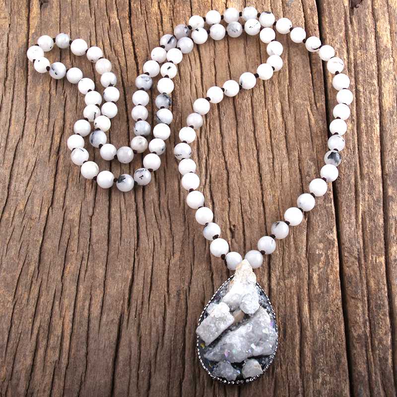 

RH Fashion Boho Jewelry Stone 86cm Beads Knotted Stones Necklaces With Handmake Paved Stone Dorp Pendant Necklace Women Gift