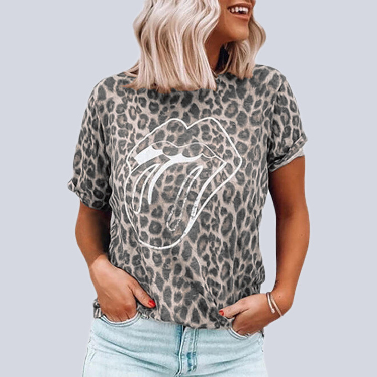 

E-Baihui 2020 European and American Hot Selling Ladies Leopard Print Top, Lip Print Round Neck Short T-shirt Girl Clothes LCG2058, Green