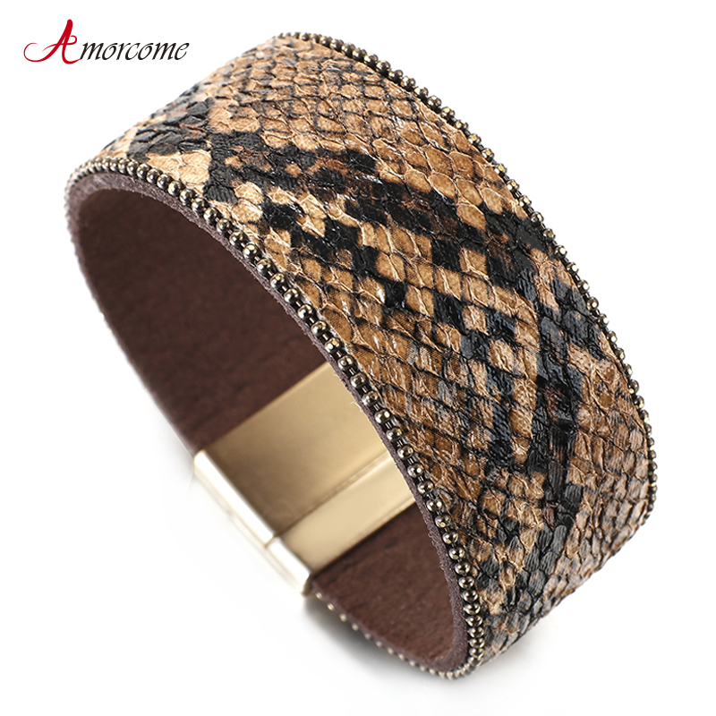 

Amorcome Snake Genuine Leather Bracelets for Women Fashion 2020 Bohemian Snakeskin Print Wide Wrap Bracelets Femme Party Jewelry