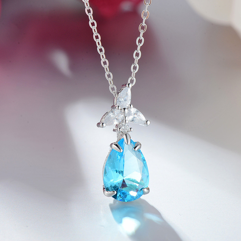 

Hot Selling Blue Cubic Zircon Crystal Water Drop Pendant Necklace Plated Jewelry For Women Wedding Acessories