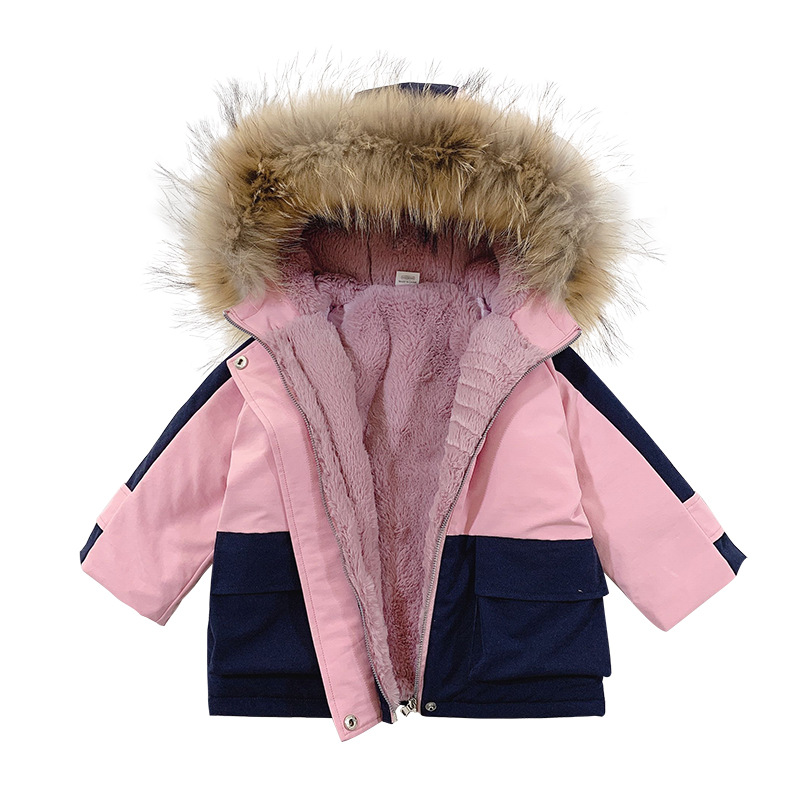 

The new autumn and winter girls in children plus velvet thickening color matching personality fashion coat big fur collar coat i, Pink
