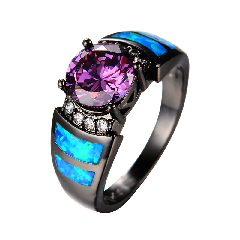 

Elegant Female Blue Fire Opal Ring Fashion 14KT Black Gold Wedding Rings For Women Promise Purple Round Engagement Ring