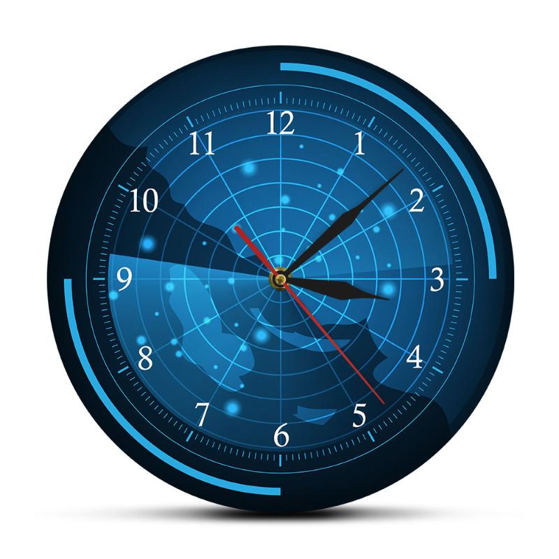 

Blue Radar Screen with Map Wall Clock Radar with Targets Home Artwork Raster of The Air Army Assassination Decorative Wall Watch