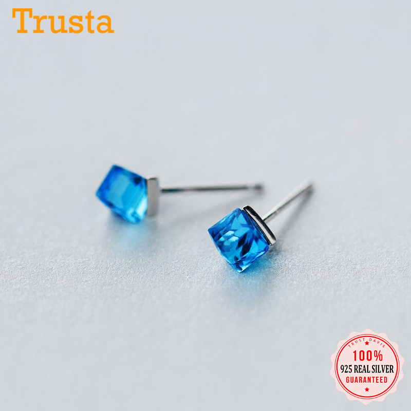 

Trustdavis Minimalist 925 Sterling Silver Fashion Small Pink/Blue Cubic Stone Stud Earrings For Women Wedding Party Gift DS1266
