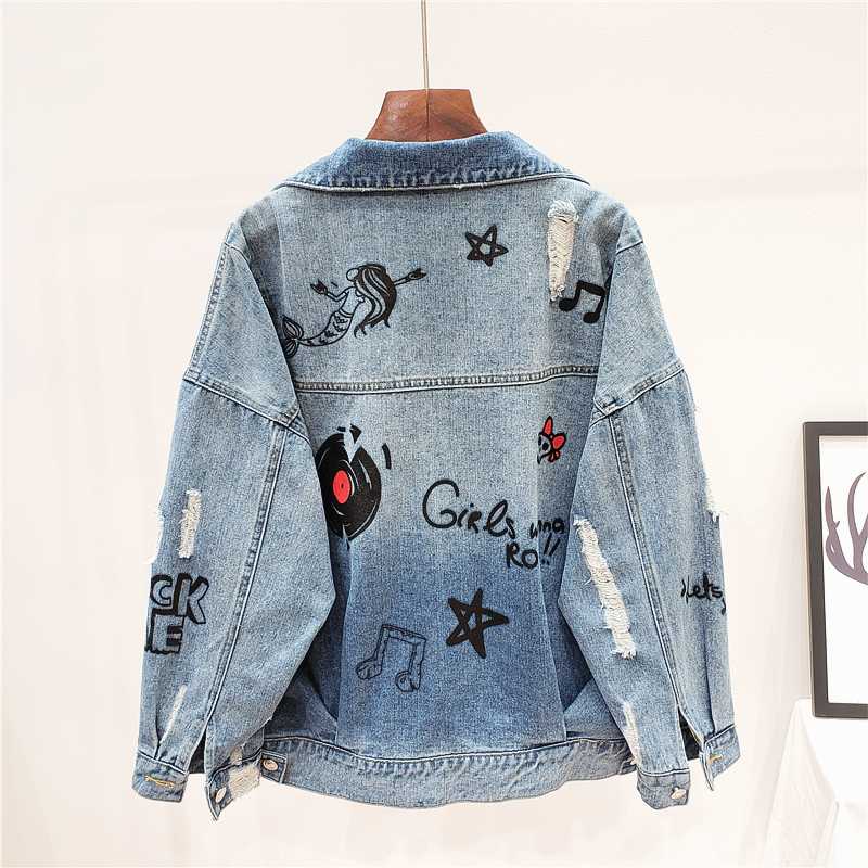 

Harajuku Letter Print Frayed Denim Jacket Female Short Loose Long sleeve Jeans Jacket Women Streetwear Chaqueta Mujer Basic Coat, Blue
