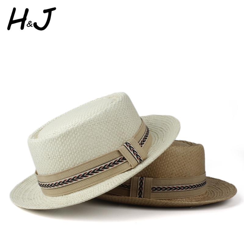 

Retro Women Men Straw Sun Hat Summer Pork Pie Hat Sunbonnet Lady Flat Boater Beach Panama Sunhat Beach Size 57-60CM, Light straw