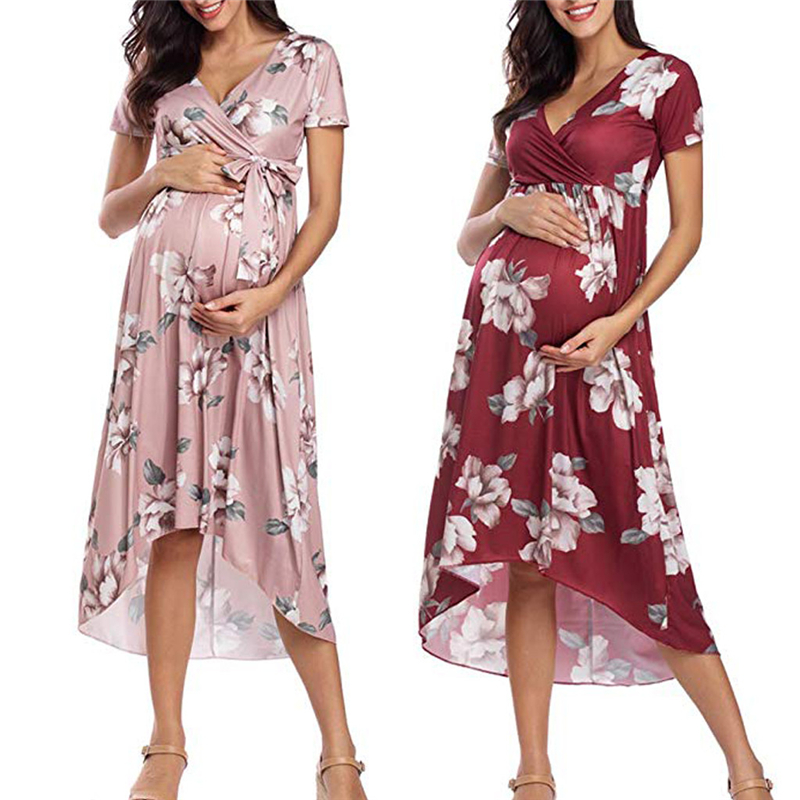 

2020 Women's Maternity Prrt Sleeve Irregularity Bandage Floral Print Dress Dresses For Pregnant Women Summer Plus Size C16%, Pink
