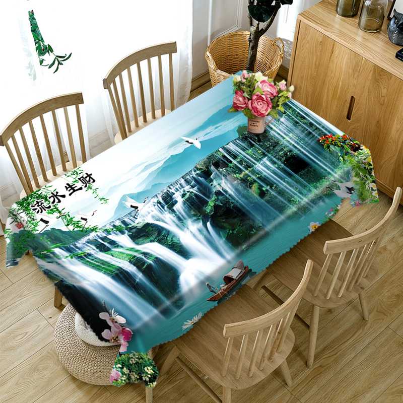 

Chinese 3d Round Tablecloth Guest Greeting Pine Waterfall Scenery Pattern Thicken Cotton Rectangular Table cloth Home Decoration, Style a