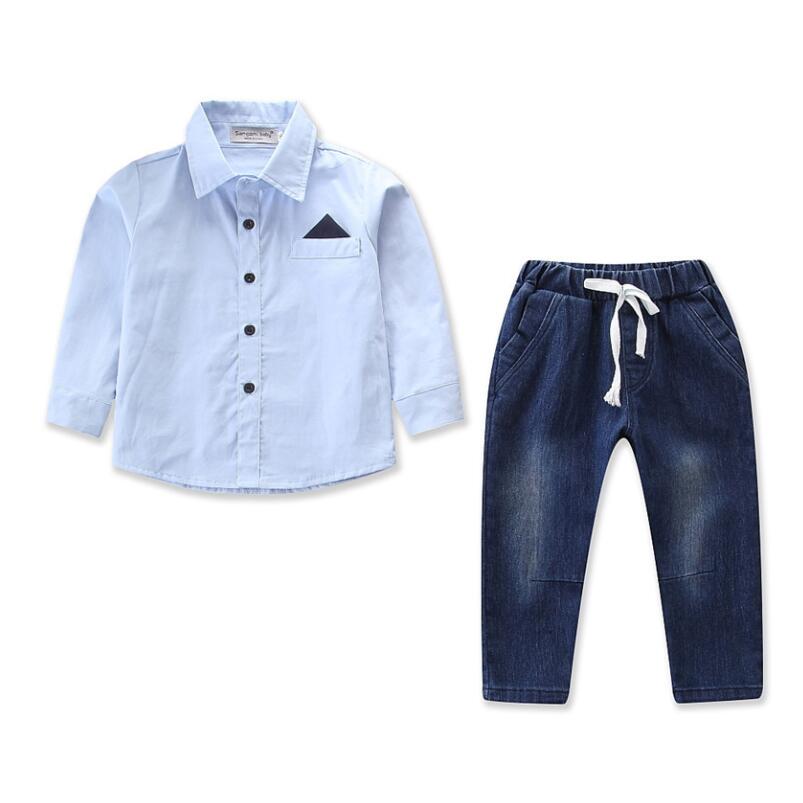 

Spring autumn new hot and small boy's full cotton Light blue Long sleeve cotton shirt leisure jeans suit 2 3 4 5 6 7, Picture