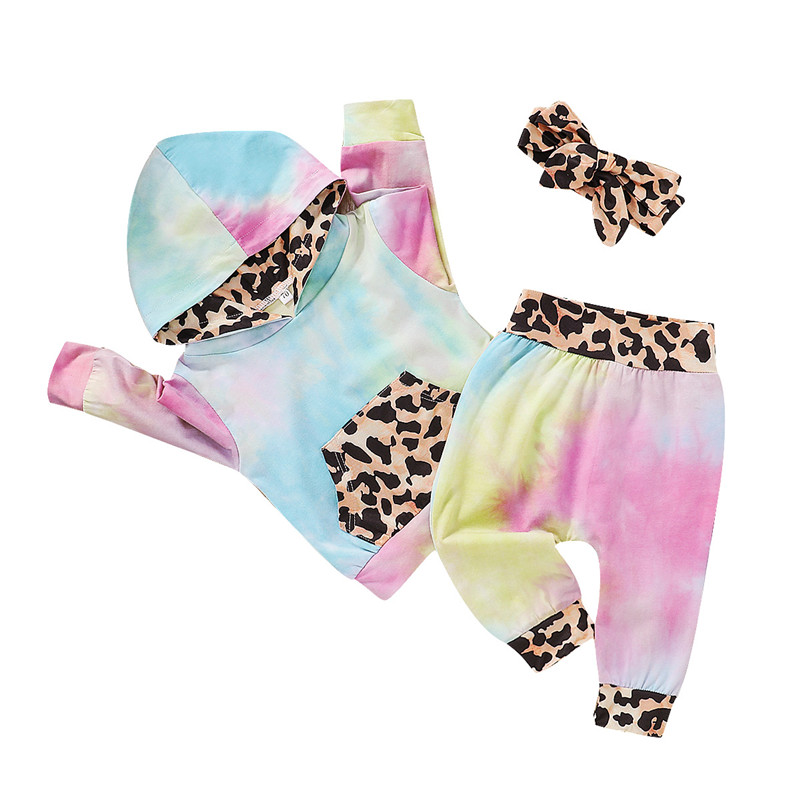 

Baby Autumn 3Pcs Outfit Tie-Dye Hooded Long Sleeve Pullover Top+Leopard Print Pants+Headband for Toddler Girl, Multi
