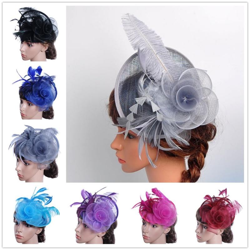 

Fashion Women Fascinator Mesh Hat Ribbons And Feathers Wedding Party Hat, Purple