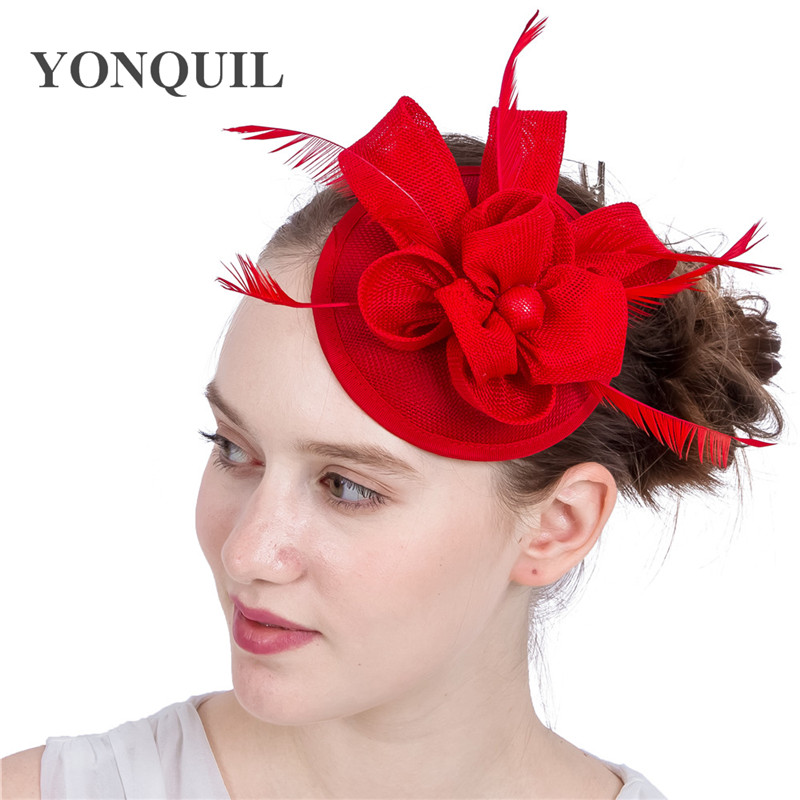 

18 Colors Hot sale Red fascinator hat base fascinator headband on hair clips fancy feather headpiece women church cocktail dance hats SYF144