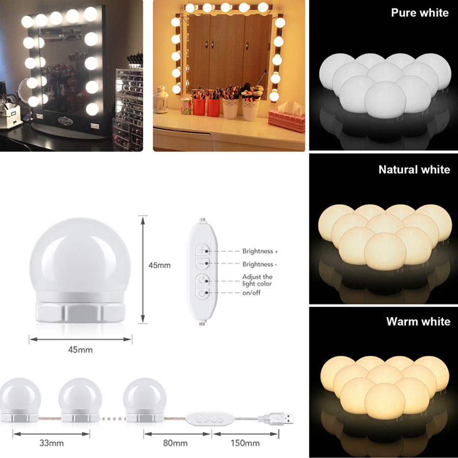 

USB Make Up Mirror Lights Dimmable Vanity Mirror Lamp 10/14 LEDs Kit Bulbs For Hollywood Dressing Table Toliet Bathroom