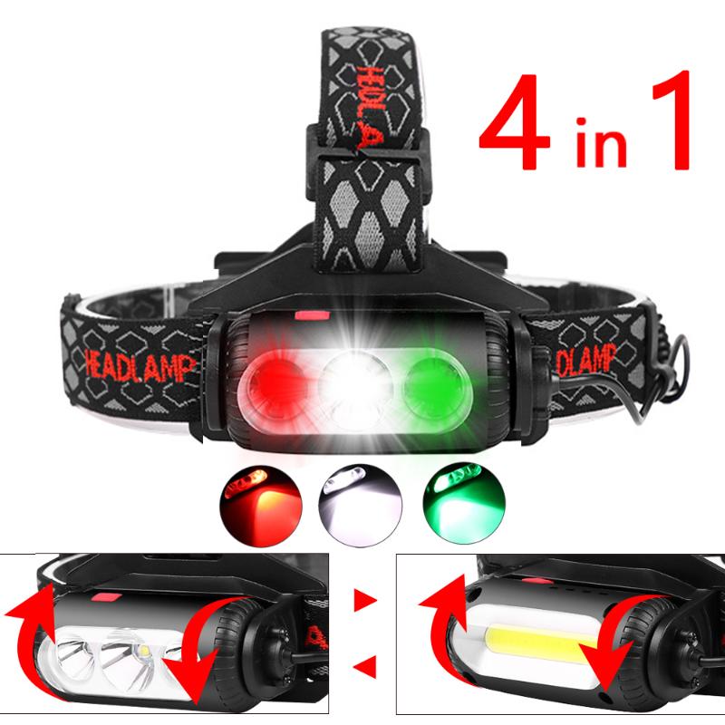 

4 IN 1 Headlight USB Rechargeable Headlamp T6 COB Head Light Red Green White Light torch head lamp hunting camping