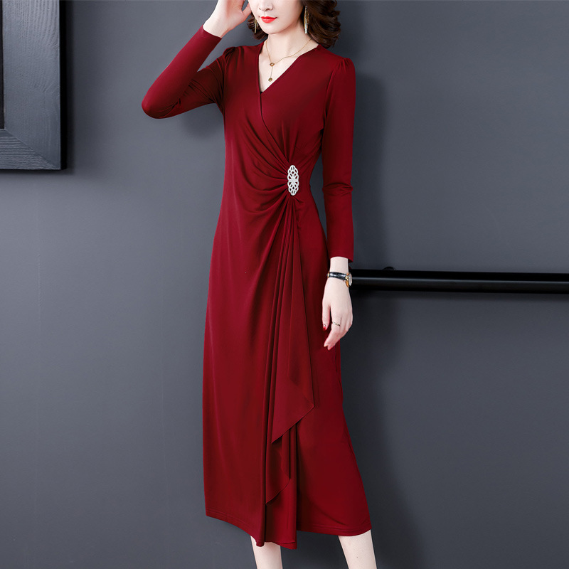

Long Sleeve Dress Women's 2020 Autumn New High-end Slim Goddess Fan Vestidos Plus Size Temperament V-neck Base Dress Women Q243, Black