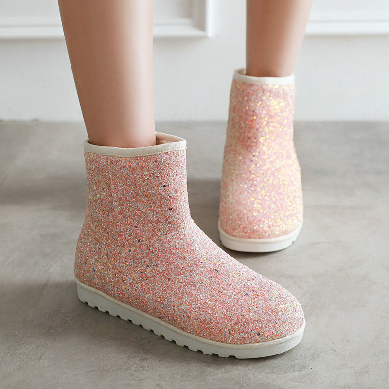 

Fur Plush Winter Snow Boots Women's Boots Comfortable Flat Ankle Fashion Sequined Female Shoes Big Size 43 2020, Black