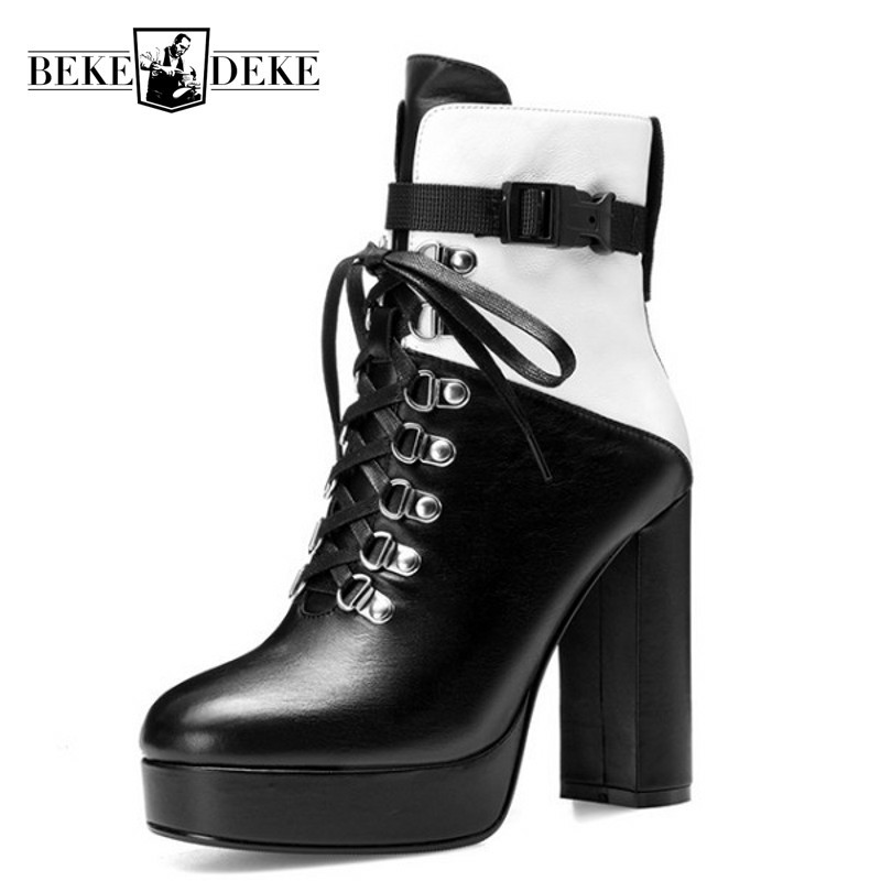 

Fashion New High Heel Womens Platform Short Boots Genuine Leather Patchwork Round Toe Cross Tied Female Thick Heel Ankle Boots, As picture