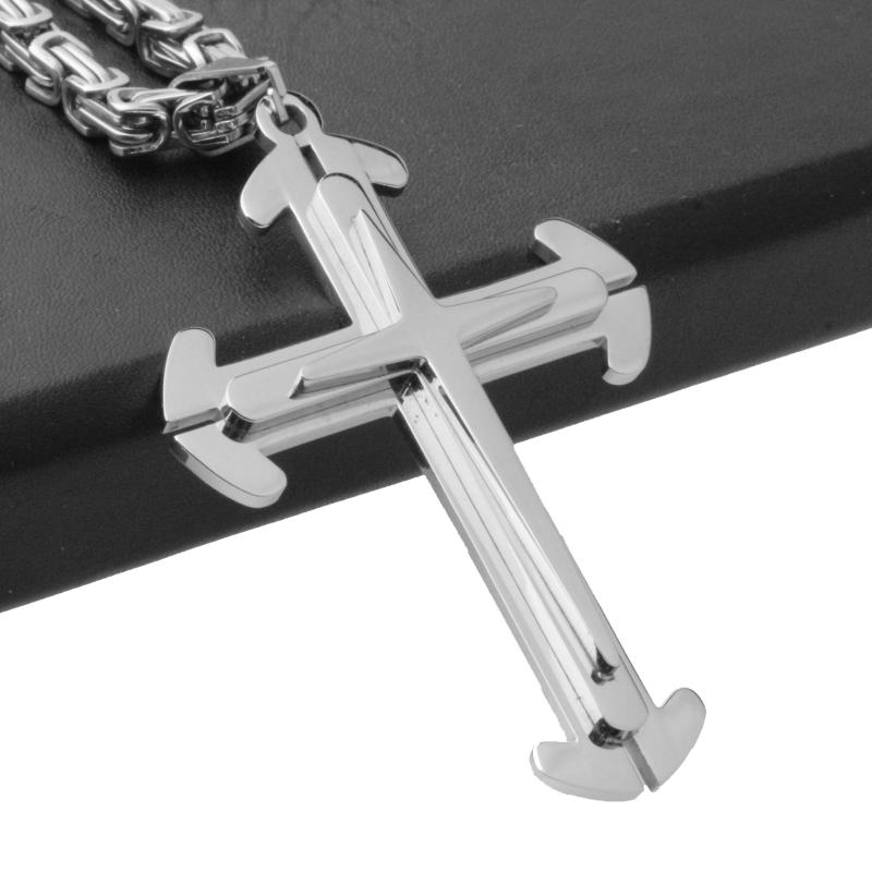 

Granny Chic Cross Pendant Necklace For Men Polished Silver Color Stainless Steel Byzantine Link Chain Men Hip Hop Jewelry