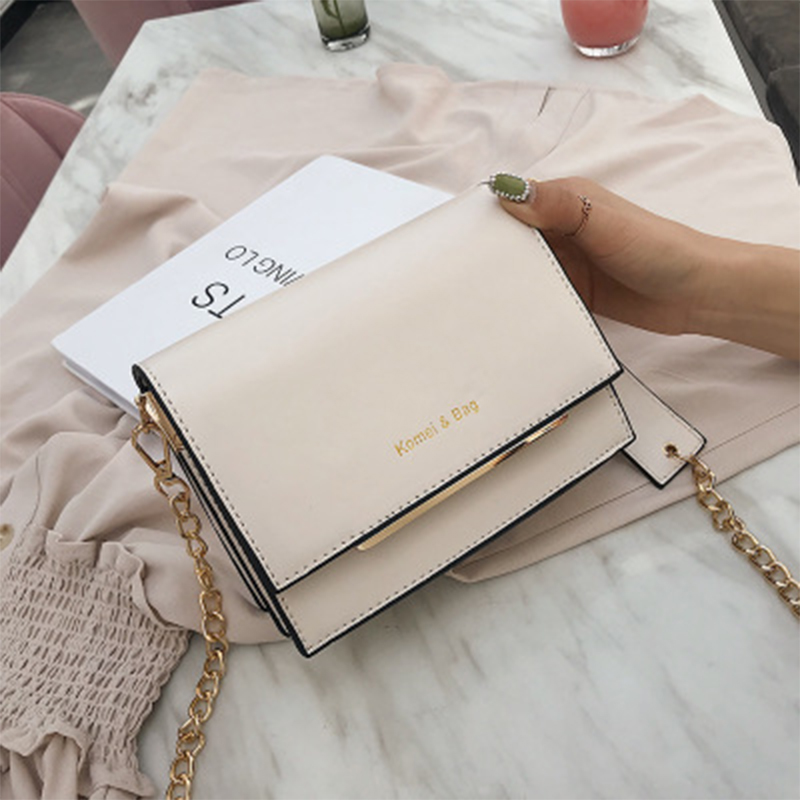 

2020 new lady bag PU leather casual ladies handbag chain fashion solid color shoulder messenger bag quare outdoor women, Beige