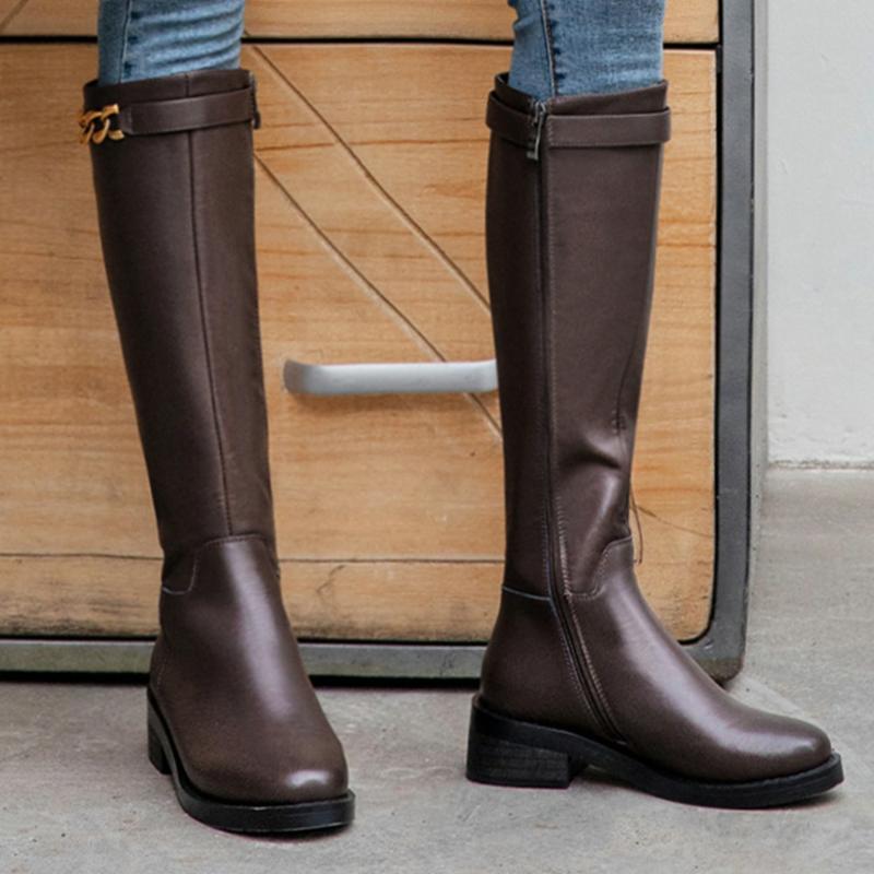 

Women Round Toe Square Heels Knee High Boots Fall Winter Fashion Zipper Casual Boots Woman Black Brown Shoes 2020