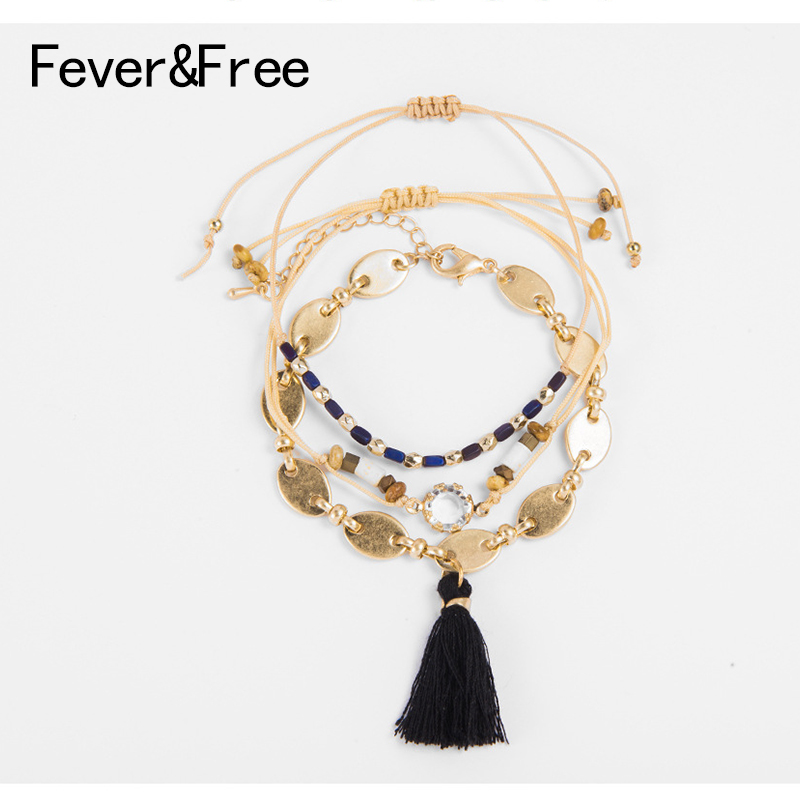 

Fever&Free Women 3pcs Summer Beach Tassel Charm Bracelets Set Bohemian Sequin Rope Chain Beads Bracelets Bangle Vintage Pulseira