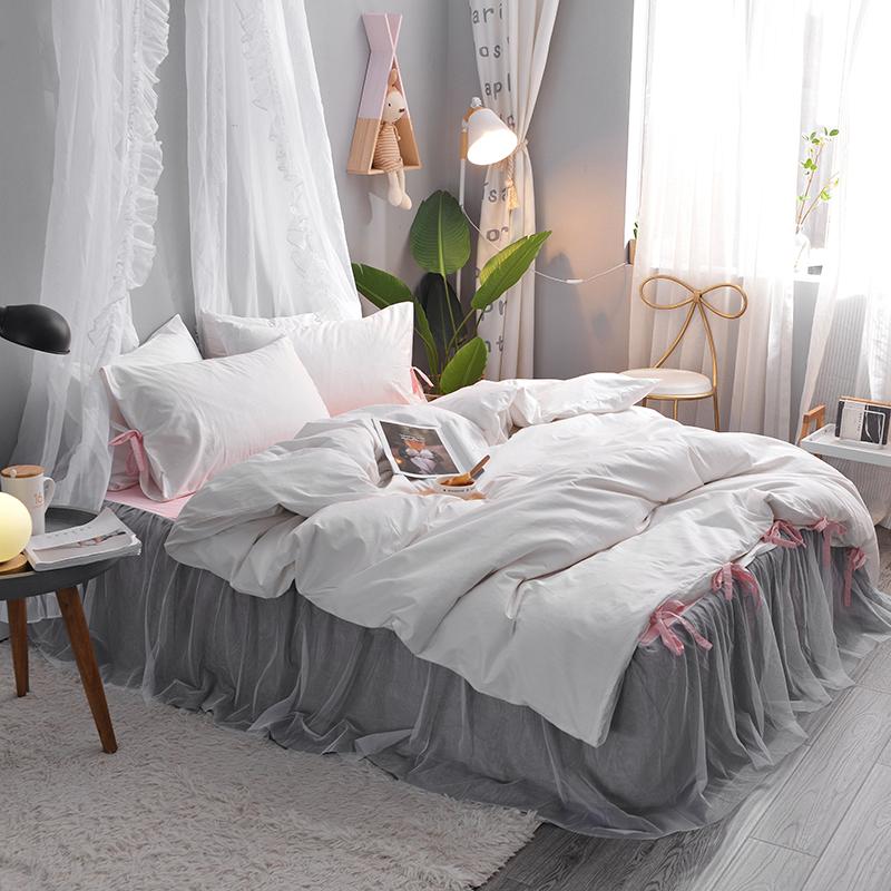 

3/4Pcs White Grey 100%Cotton Lace Kids Girls Bedding Sets  Queen King size Bed set Princess style Duvet Cover bed skirt set, Color 2