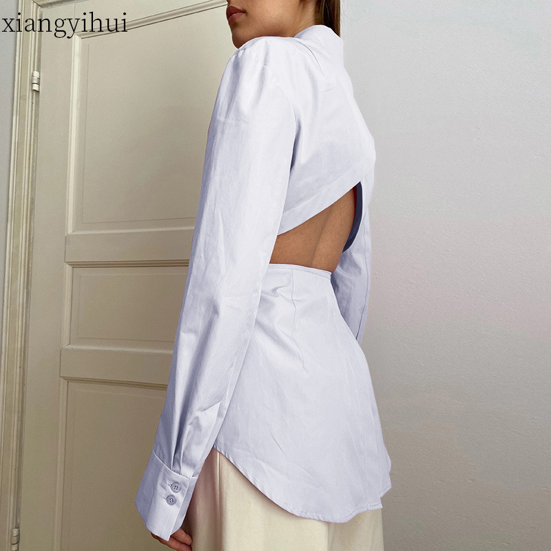 

Long Fashion Sexy Backless Shirt Women White Black Blouses Feamle Autumn Winter Casual Long Sleeve Shirt Tops Ladies Clothes