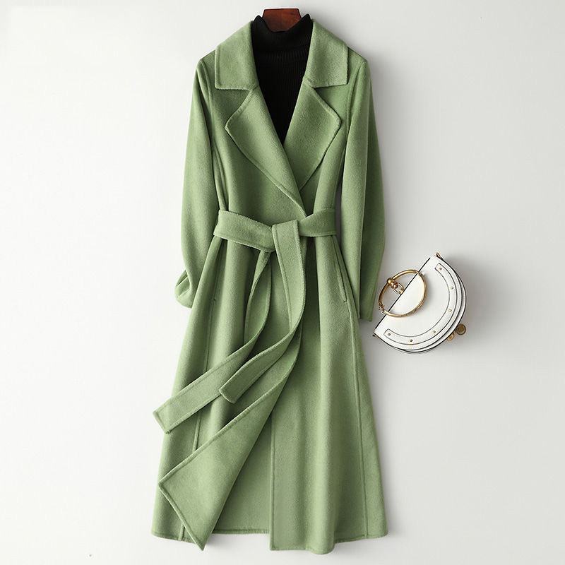 

Women New Autumn Winter 100% Wool Coat Female Long Sleeve Cashmere Cardigans With Belt Overcoats Manteau Femme Hiver Elegant N47, Army green