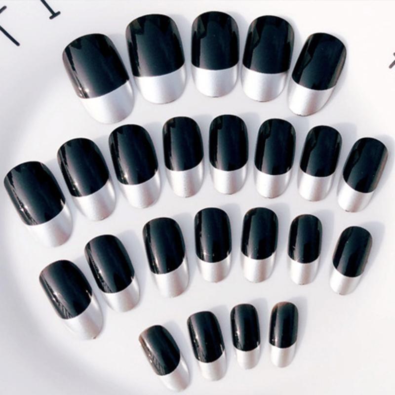 

24 Pcs/Set False Nails Tip Round Long Bling Nail Art Artificial Tips Accessories with 2g Glue KG66, Black