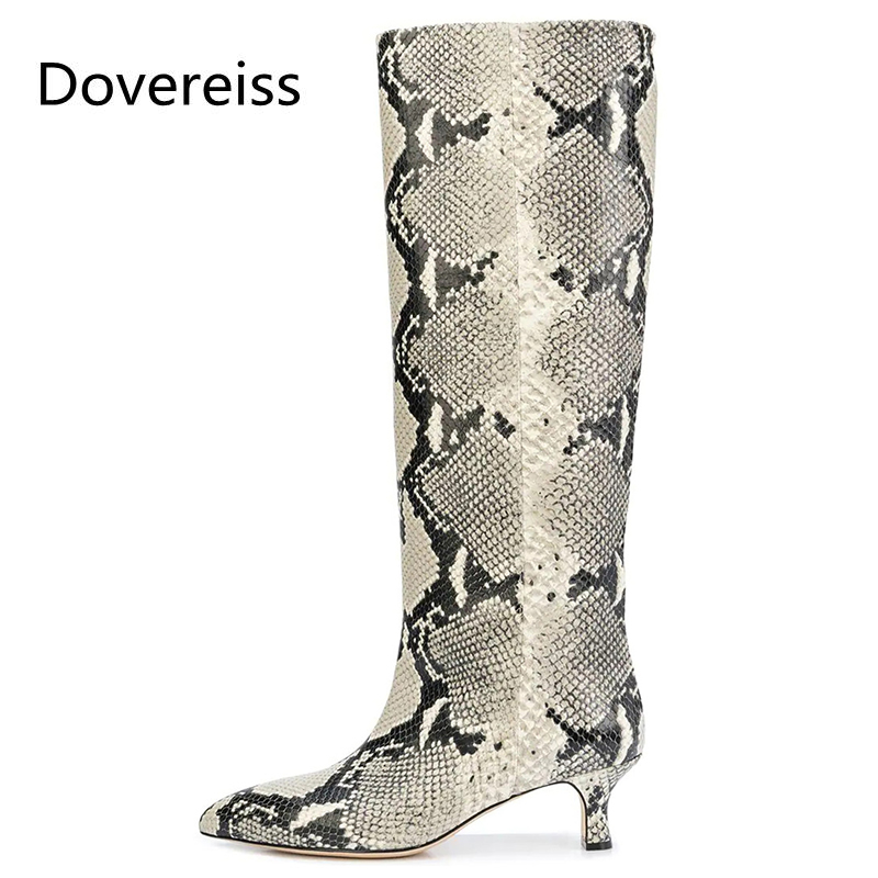 

Dovereiss Fashion Women's Shoes Winter Pointed Toe Stilettos Heels 5cm Snakeskin Elegant Knee high boots Concise Mature 33-48, Brown
