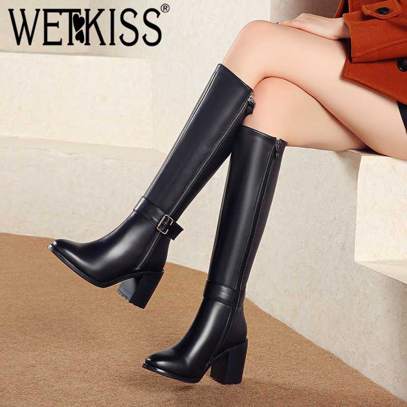 

WETKISS Motorcycle Women Boot Round Toe Footwear Knee High Leather Female Boot High Heels Shoes Woman 2020 Winter Plus Size 45, Black