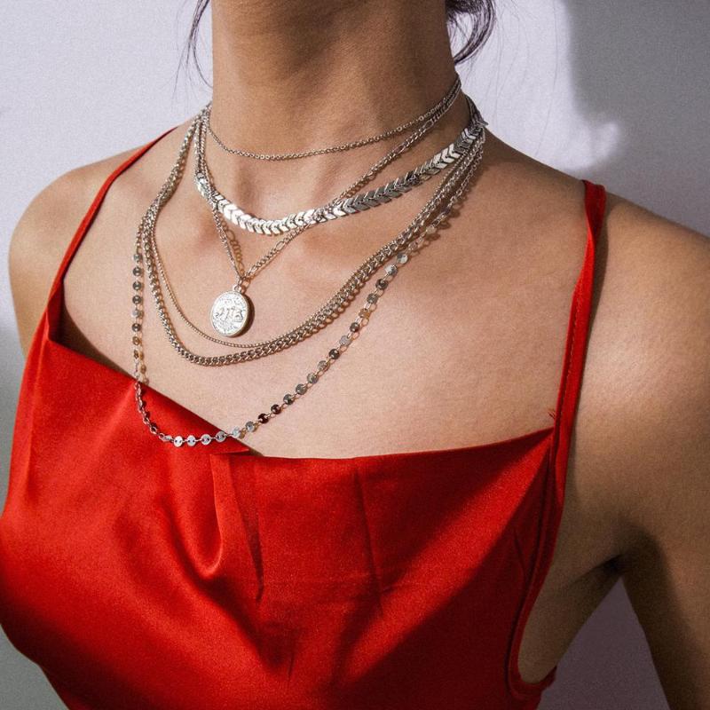 

Coin Sequins Pendant Necklaces for Women 2020 Gold/silver color Multi Layered Fish Bone Chain Neck Choker Punk Jewelry