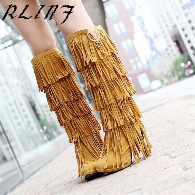 

RULINF Leather Fringed Boots 32-43 Large Size Women's Suede Boots High-heeled Waterproof Platform Multi-layer, Single