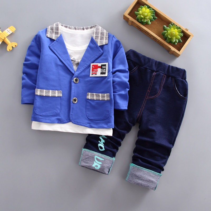 

3Pcs Autumn Fashion Toddler Clothing Baby Boys Clothes Gentlemen Cotton Suits Long Sleeve Coat Solid T-Shirts Pants Sets, Blue