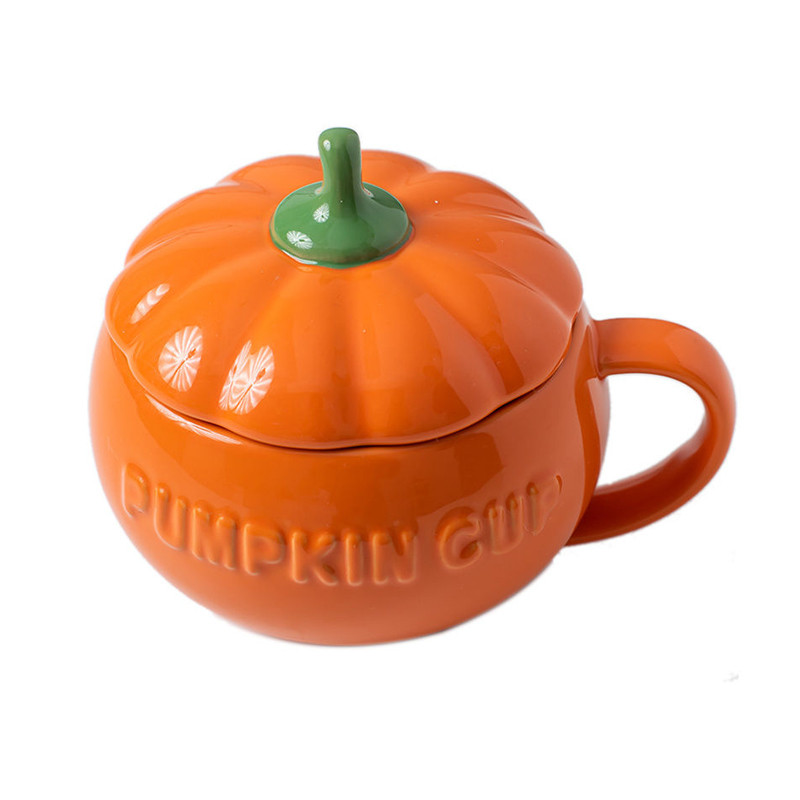 

300ml/500ml Creative Pumpkin Coffee Mugs Ceramic Milk Cup with Lid Breakfast Oatmeal Yogurt Mug Funny Halloween Gift, Orange