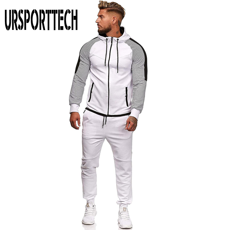 

Striped Tracksuit Men Set 2020 Spring Autumn Sweatsuit Set Mens Sporting Clothing Hoodie + Sweatpants 2 Pieces Jogger Outfit, Gray