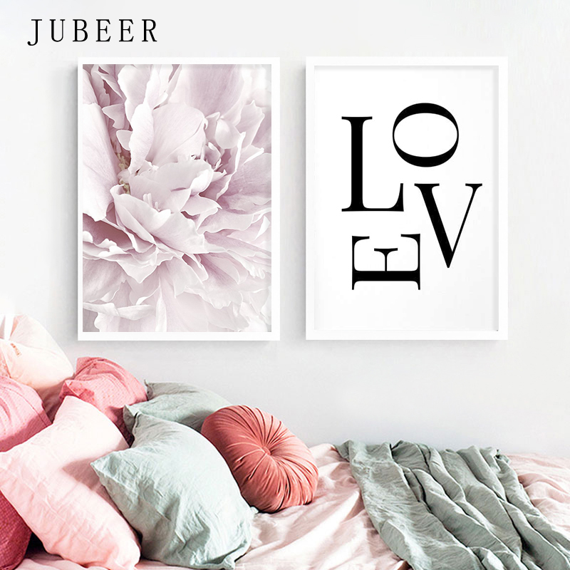 

Nordic Style Pink Peony Flower Wall Art Large Love Posters and Prints for Bedroom Posters on the Wall Modern Home Decor