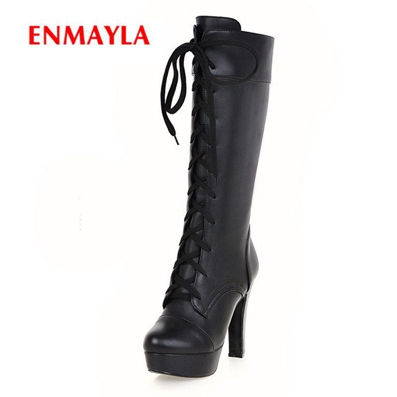 

ENMAYLA 2020 New Fashion women lace-up solid high heel knee-high boots lady solid cross-tied boots Big size 34-43 ZYL554, Black