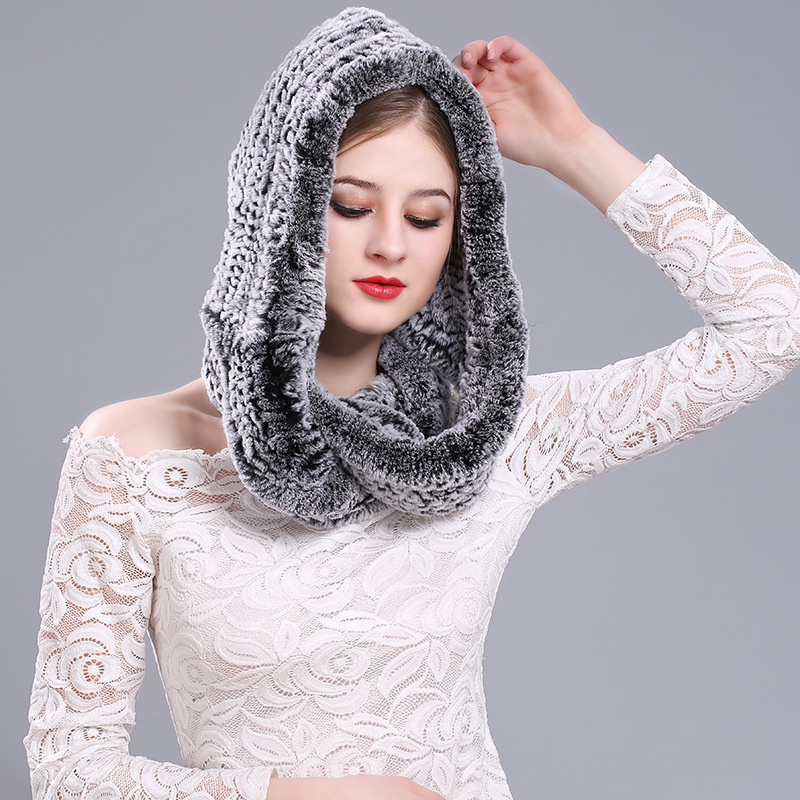 

Rex fur hat scarf integrated ladies winter fashion warm knitted hat
