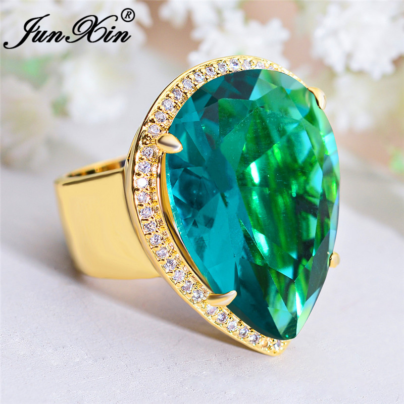 

Pear Cut Big Green Blue Red Stone Crystal Wedding Rings For Men Women Yellow Gold Water Drop Zircon Promise Engagement Ring Male