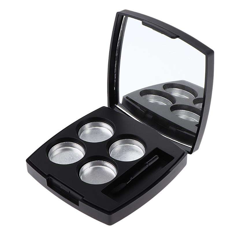 

Black Empty Makeup Eyeshadow Pressed Powder Container Case 4 Round Aluminum Pans Palette with Mirror and Brush