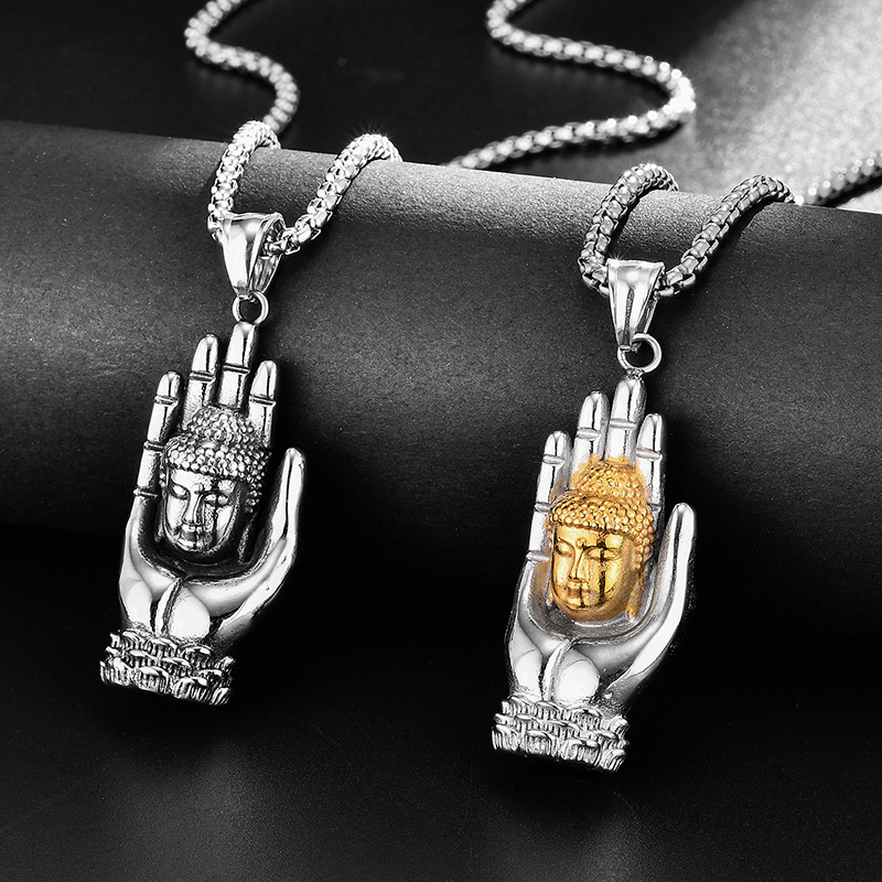 

Men's 316L Stainless Steel Necklace Personality Palm Prayer Buddha Pendant Necklace Motorcycle Party Punk Hip Hop Chain Jewelry