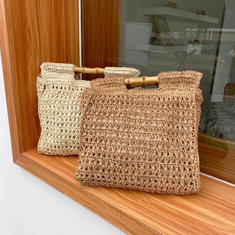 

New Straw Bag 2020 Women Hand-Woven Hollow Handbag Rattan Bag Big Capacity Handbag Casual Travel Messenger Crossbody Beach, Khaki