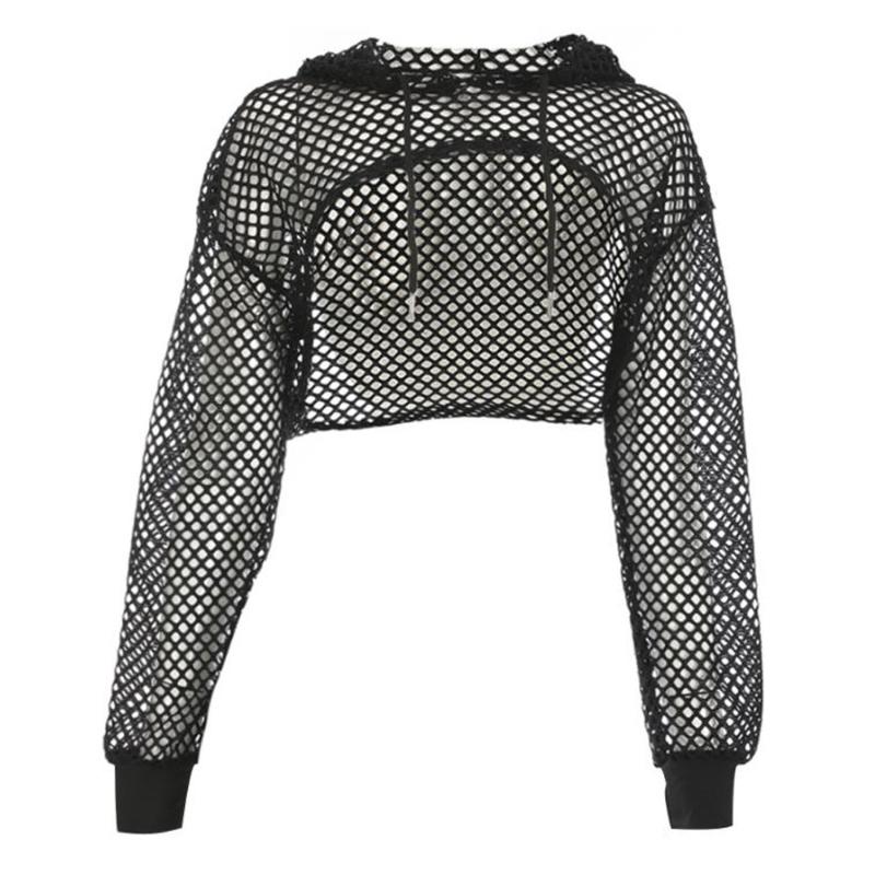 

Women Black Fishnet Hoodie Summer Autumn Long Sleeve See Through Mesh Cropped Top Loose High Low Streetwear Hooded Sweatshirts, Crop tops